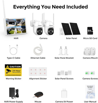 4MP Solar Wireless Security Cameras with Touch Monitor, 2-Cam Kit