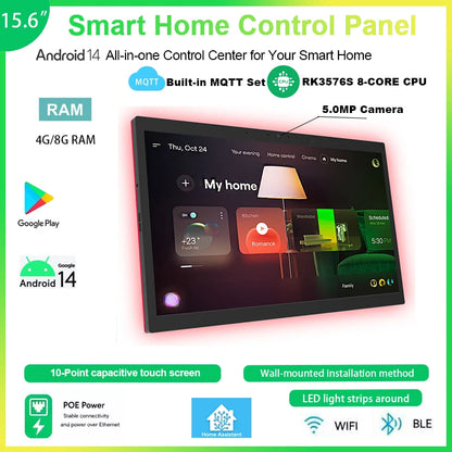 2026 New Smart Home Control Panel 15.6" Android 14 POE Tablet, Wall Mount Touch Screen Display, In-Built MQTT, with LED Lights