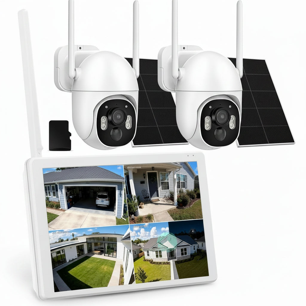 4MP Solar Wireless Security Cameras with Touch Monitor, 2-Cam Kit