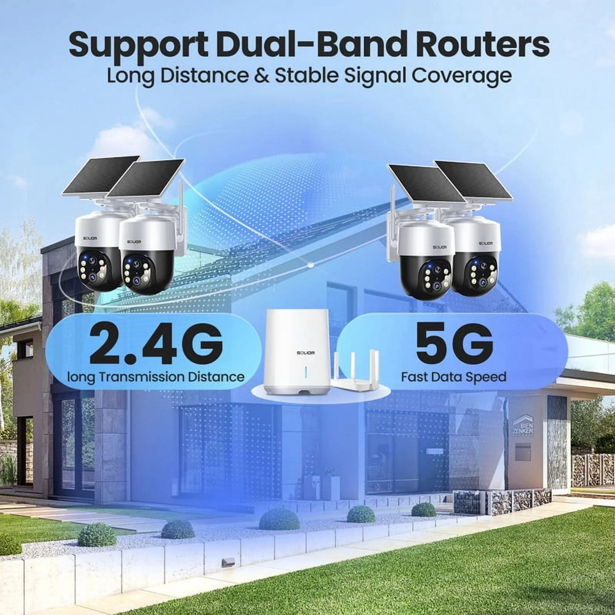 Wireless Outdoor Solar Security Camera 4-Cam Kit, 360° Auto Tracking with Radar, 5G/2.4G Wifi, 4K UHD Day & Night, No Fee, Home Security