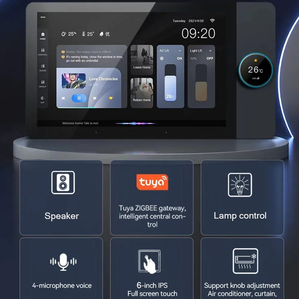 2026 Hot Sale 6 Inch Tuya Smart Home Central Control Touch Panel Knob Adjustment Intelligent Voice Control Tuya Zigbee Gateway