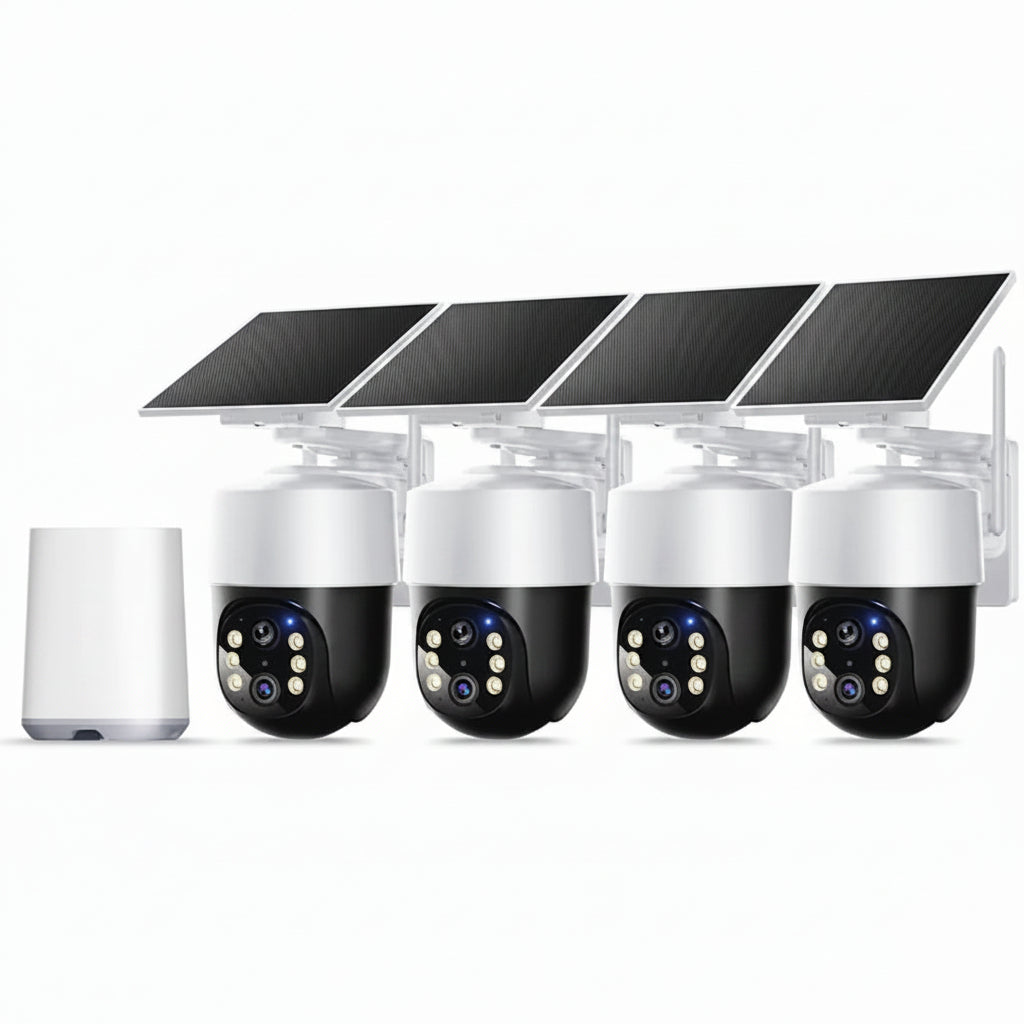 Wireless Outdoor Solar Security Camera 4-Cam Kit, 360° Auto Tracking with Radar, 5G/2.4G Wifi, 4K UHD Day & Night, No Fee, Home Security