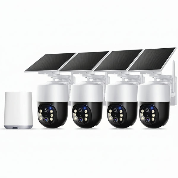 Wireless Outdoor Solar Security Camera 4-Cam Kit, 360° Auto Tracking with Radar, 5G/2.4G Wifi, 4K UHD Day & Night, No Fee, Home Security